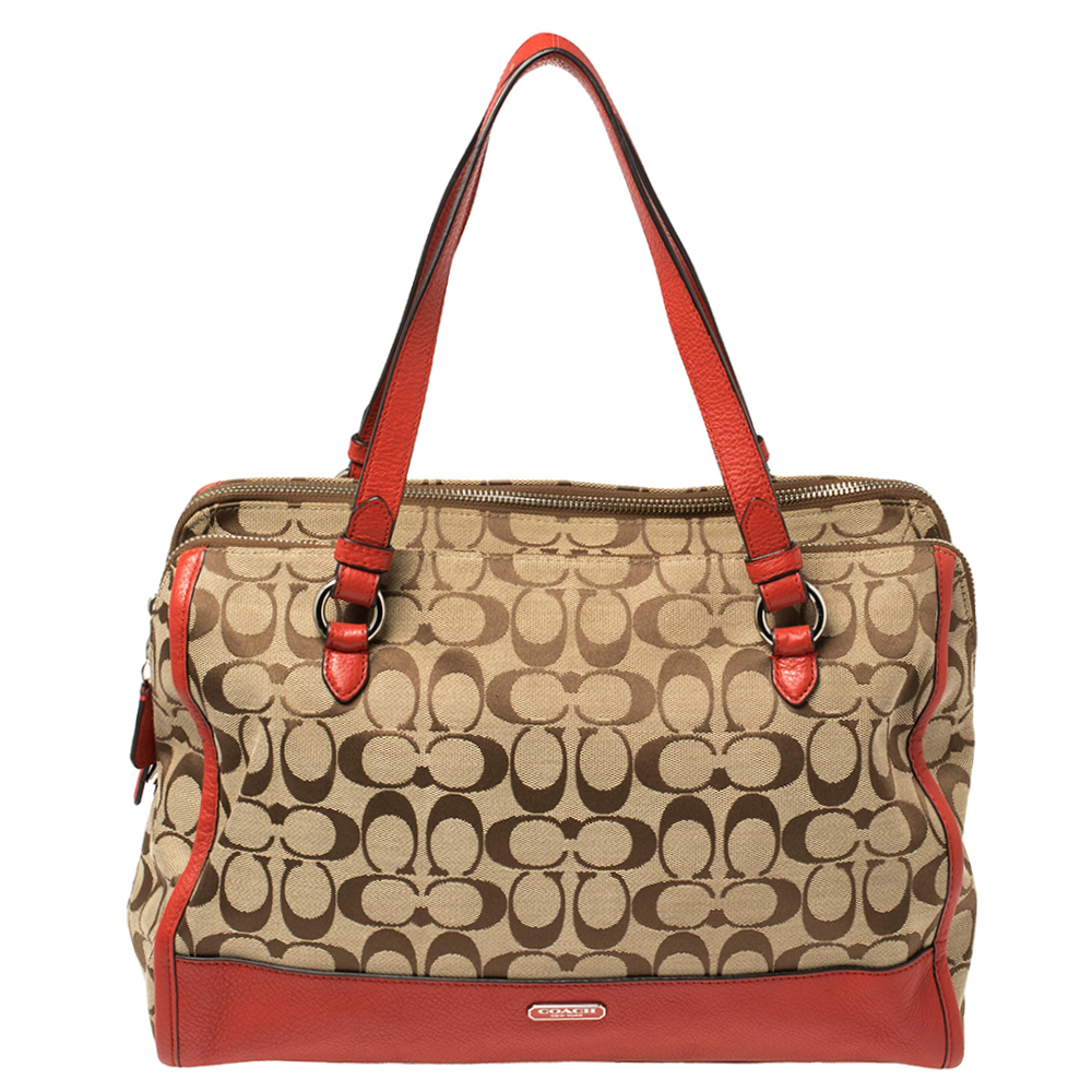 Coach Red/Beige Signature Canvas and Leather Satchel