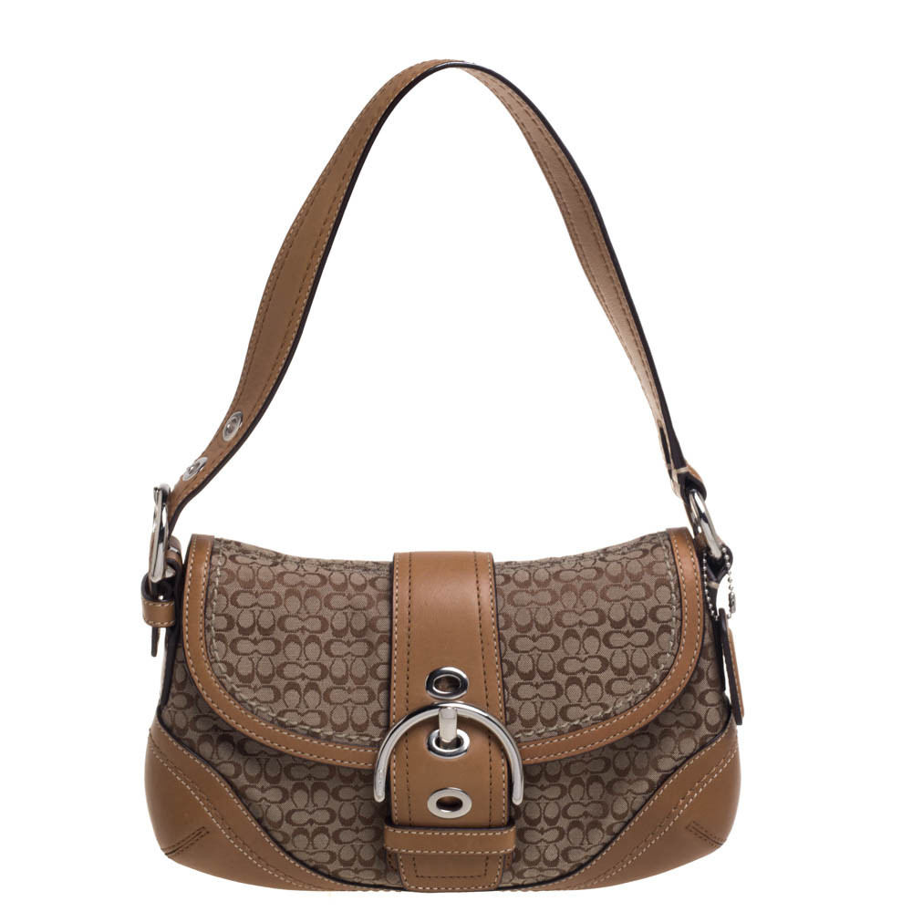 Coach Brown Signature Canvas and Leather Buckle Shoulder Bag