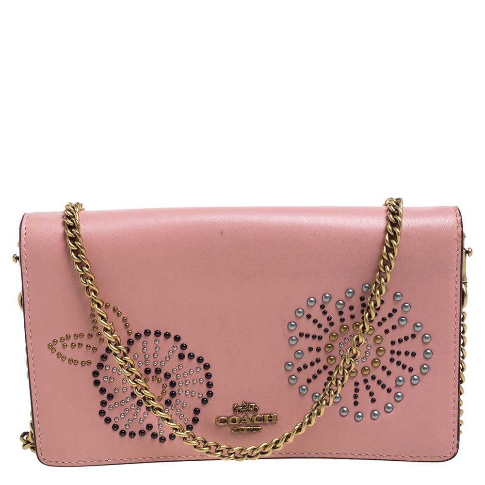 Coach Pink Studded Leather Flap Crossbody Bag