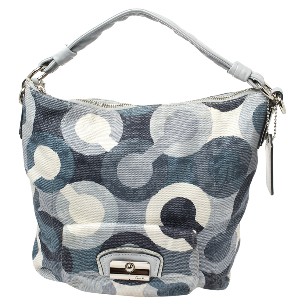 Coach Blue/White Op Art Canvas and Leather Kristin Hobo