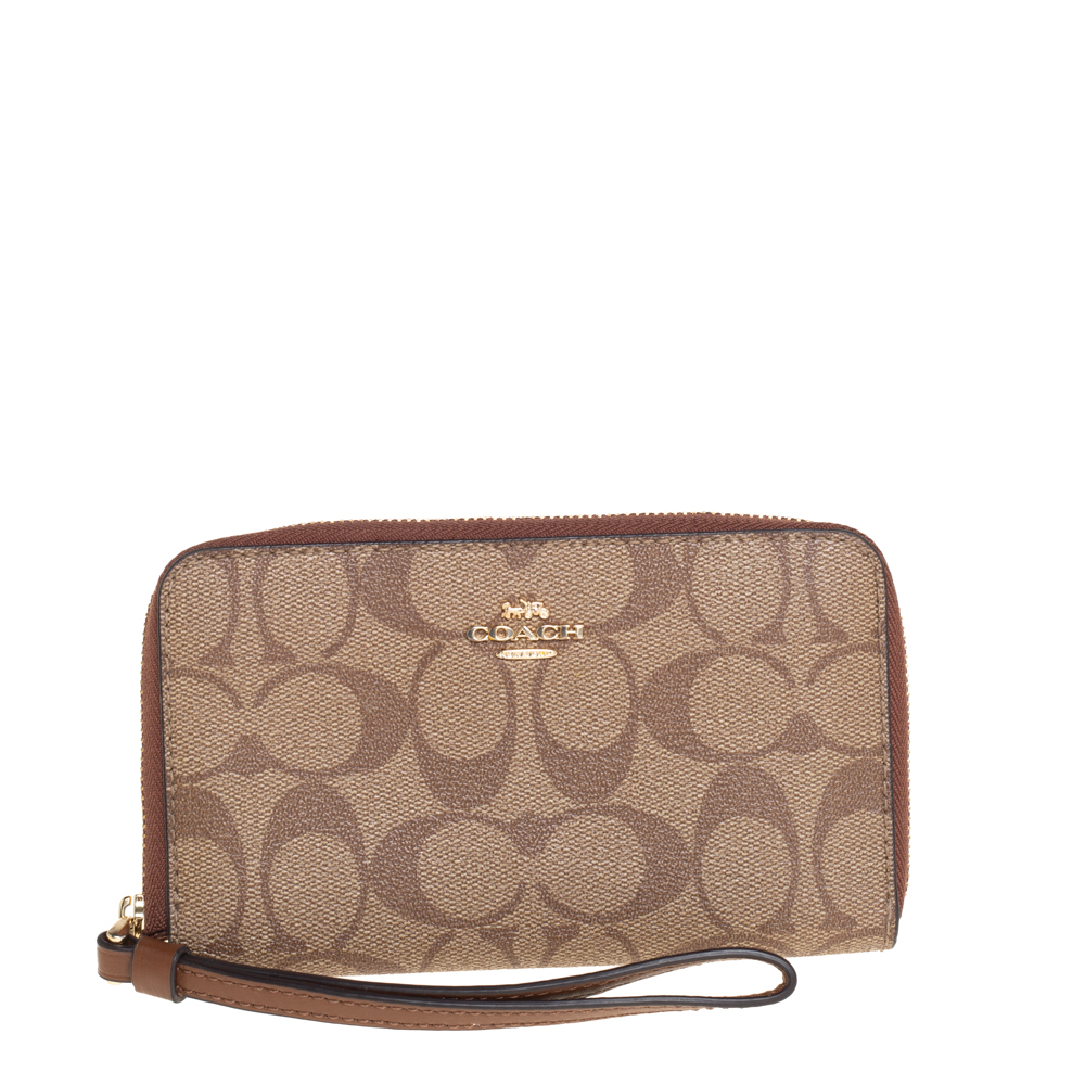 Coach Brown Signature Coated Canvas Wristlet Wallet