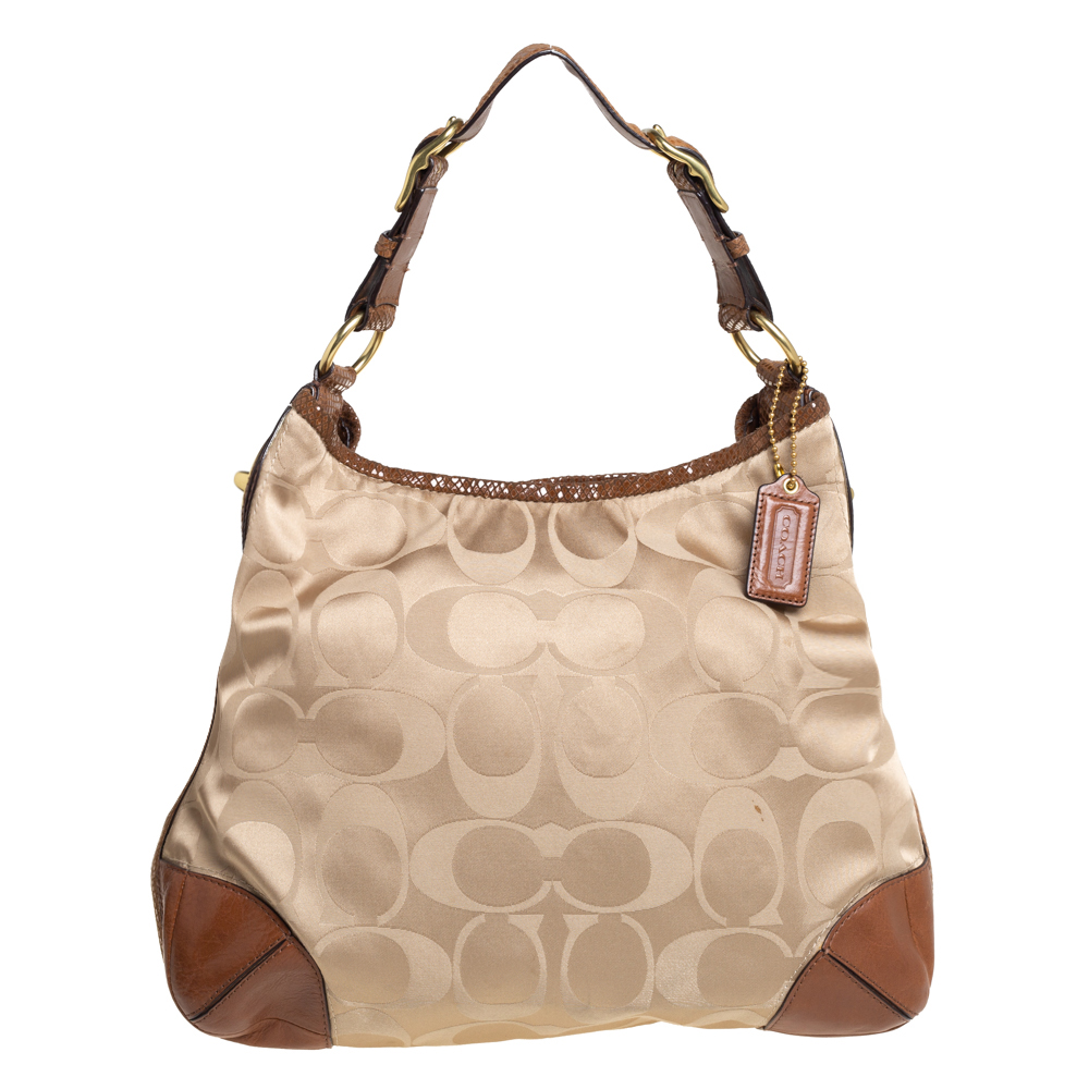 Coach Beige/Brown Signature Fabric and Snakeskin Embossed Leather Peyton Hobo