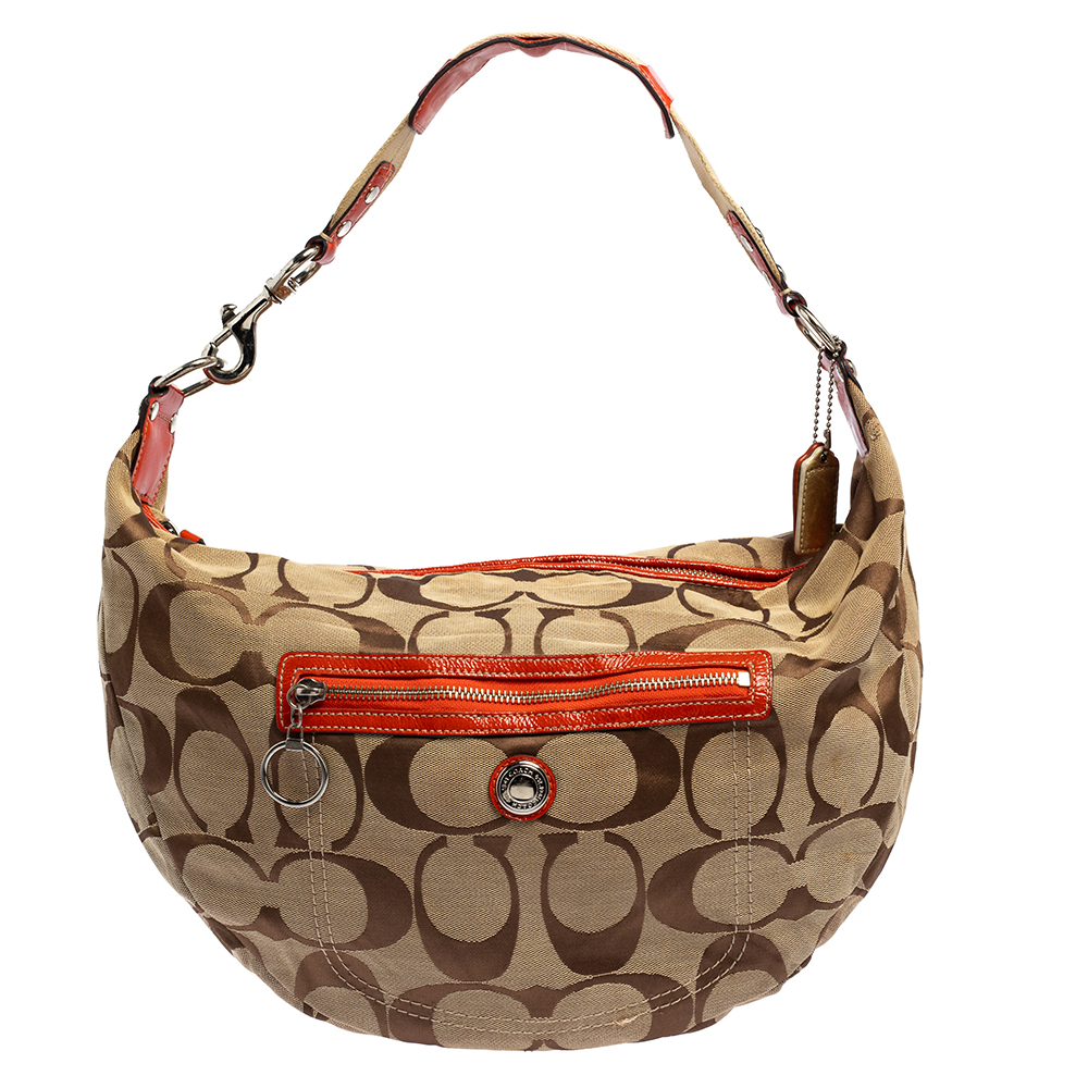 Coach Beige/Orange Signature Canvas and Patent Leather Front Pocket Hobo