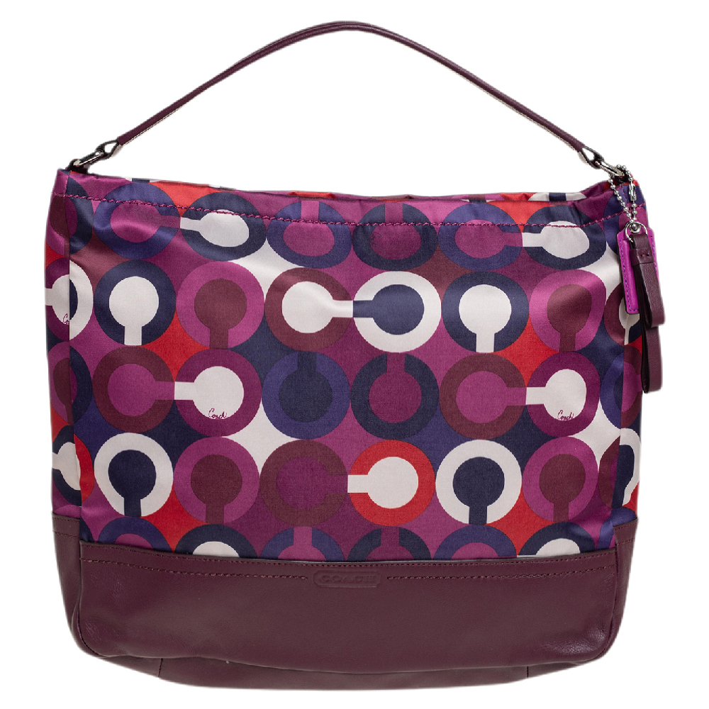 Coach Mulitcolor Op Art Scarf Print Satin and Leather Park Hobo