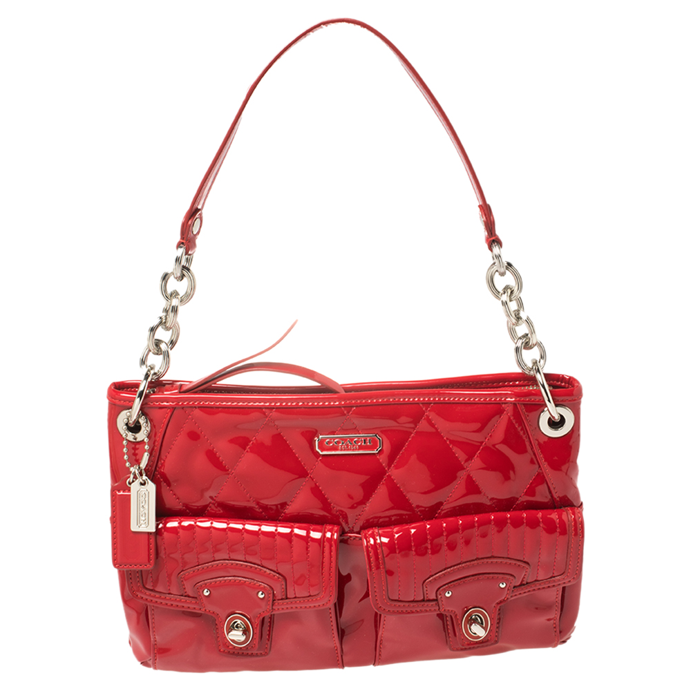 Coach Red Quilted Patent Leather Hippie Pocket Top Handle Bag