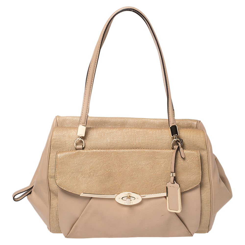 Coach Beige Shimmer Lizard Embossed and Leather Madeline East West Satchel