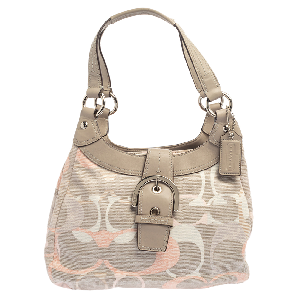 Coach Tri Color Signature Fabric and Leather Hobo