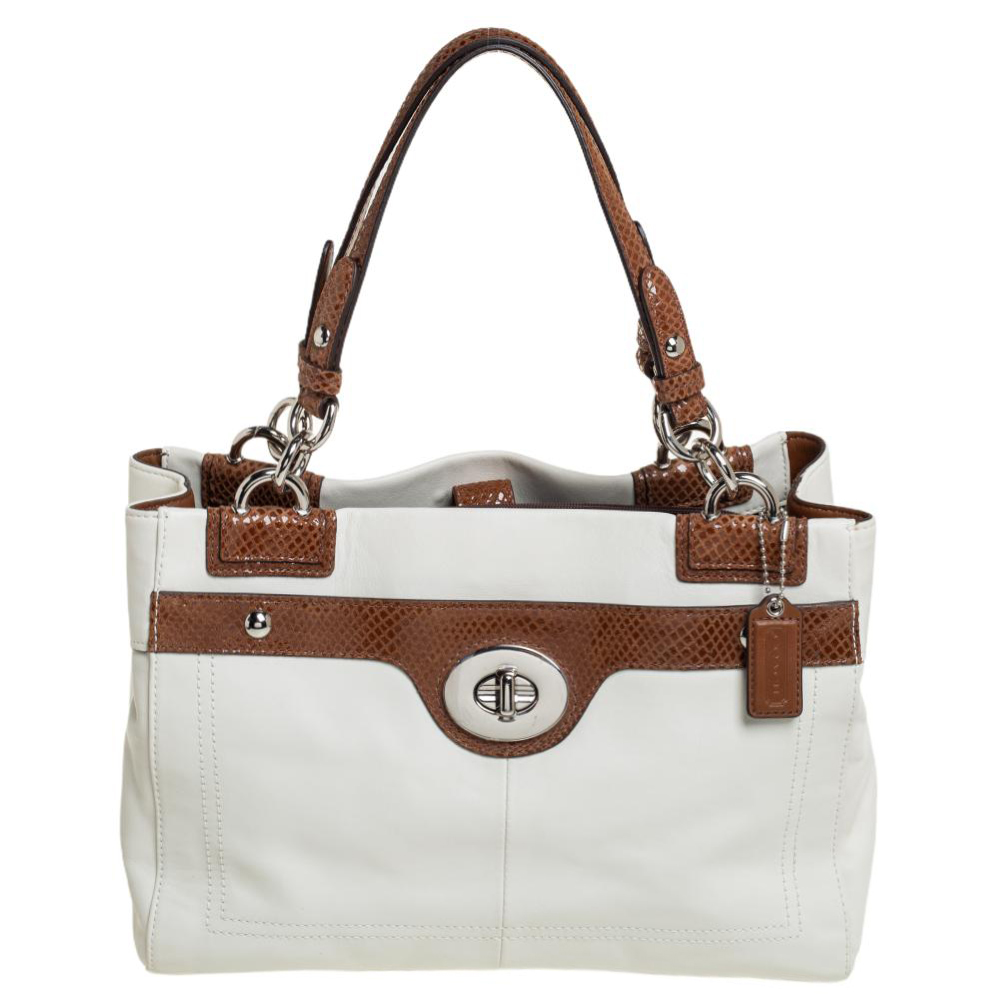 Coach White/Brown Snakeskin And Leather Penelope Carryall Tote