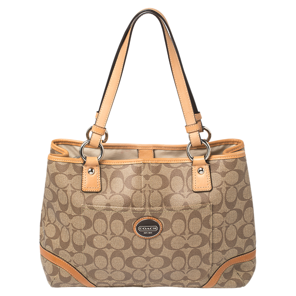 Coach Tan/Brown Signature Coated Canvas and Leather Trim Peyton Tote