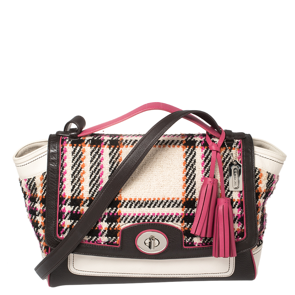 Coach Multicolor Tweed and Leather Plaid Legacy Top Handle Bag