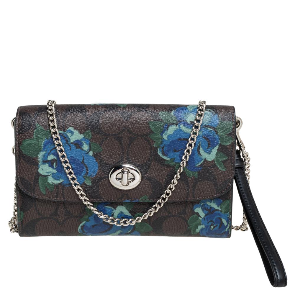Coach Brown Signature Floral Print Coated Canvas and Leather Wallet on Chain