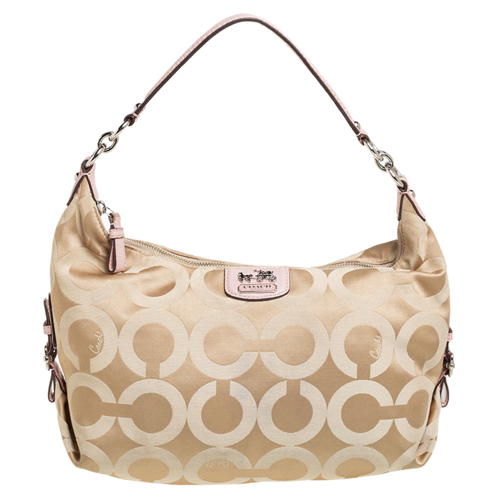 Coach Beige/Pink Fabric And Leather Madison Op Art Hailey Hobo