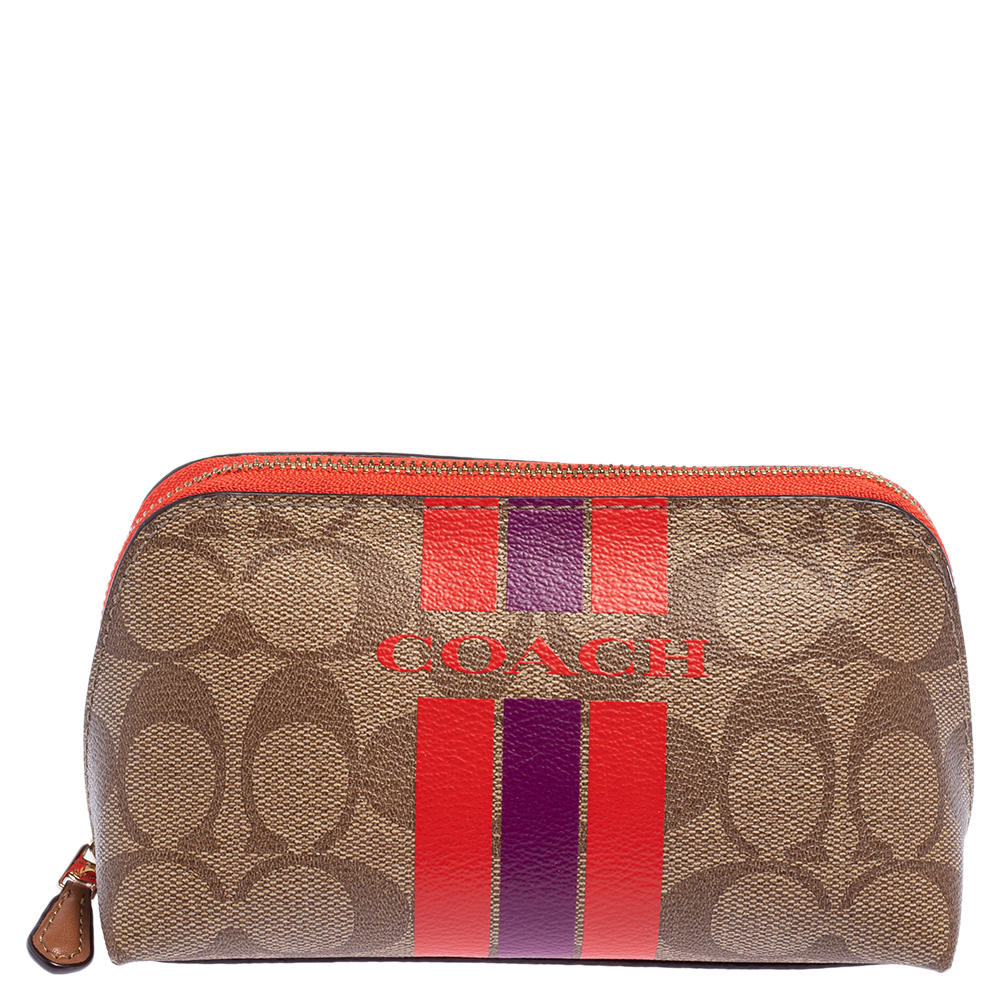 Coach Red/Beige Signature Coated Canvas Cosmetic Pouch