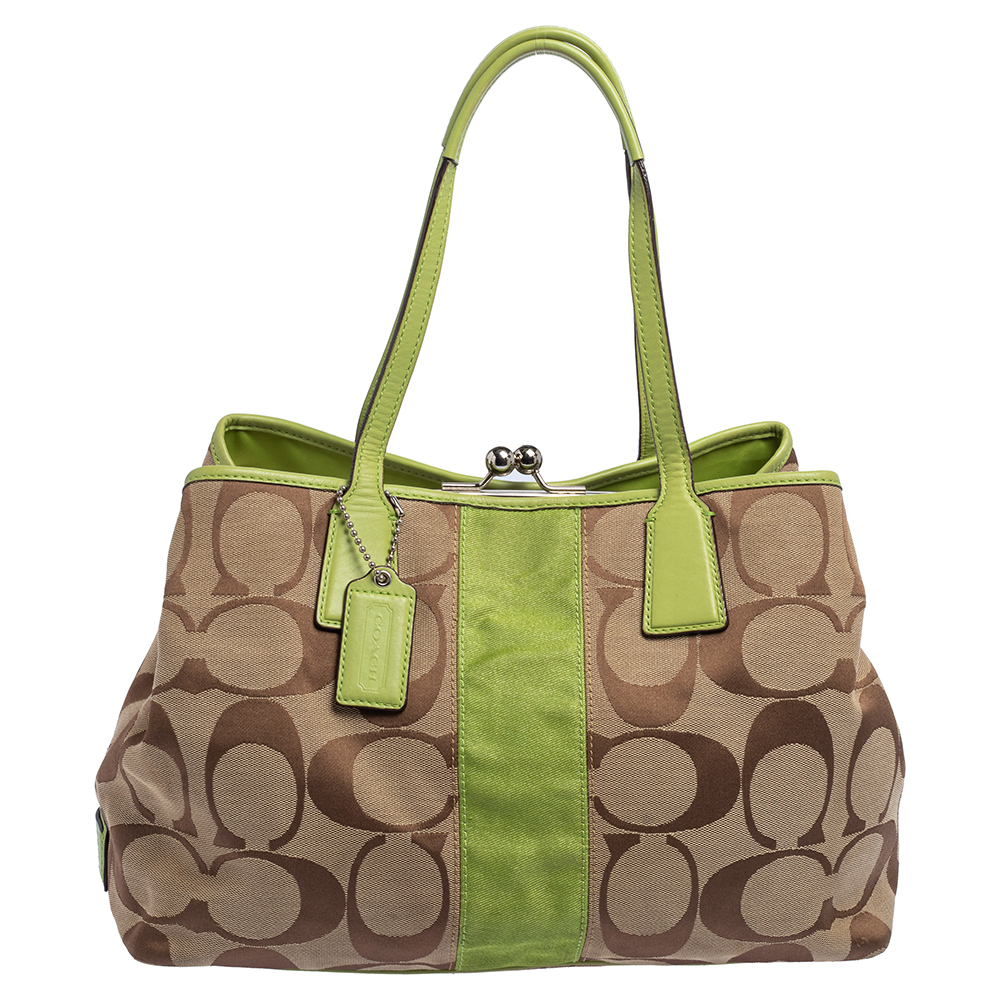 Coach Beige/Green Signature Canvas and Leather Kisslock Framed Carryall Tote