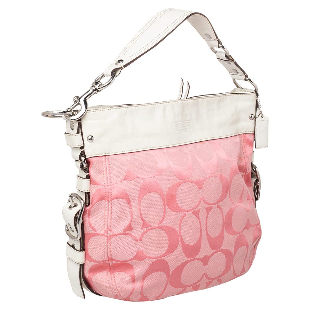 Coach Pink/White Signature Canvas And Leather Hobo