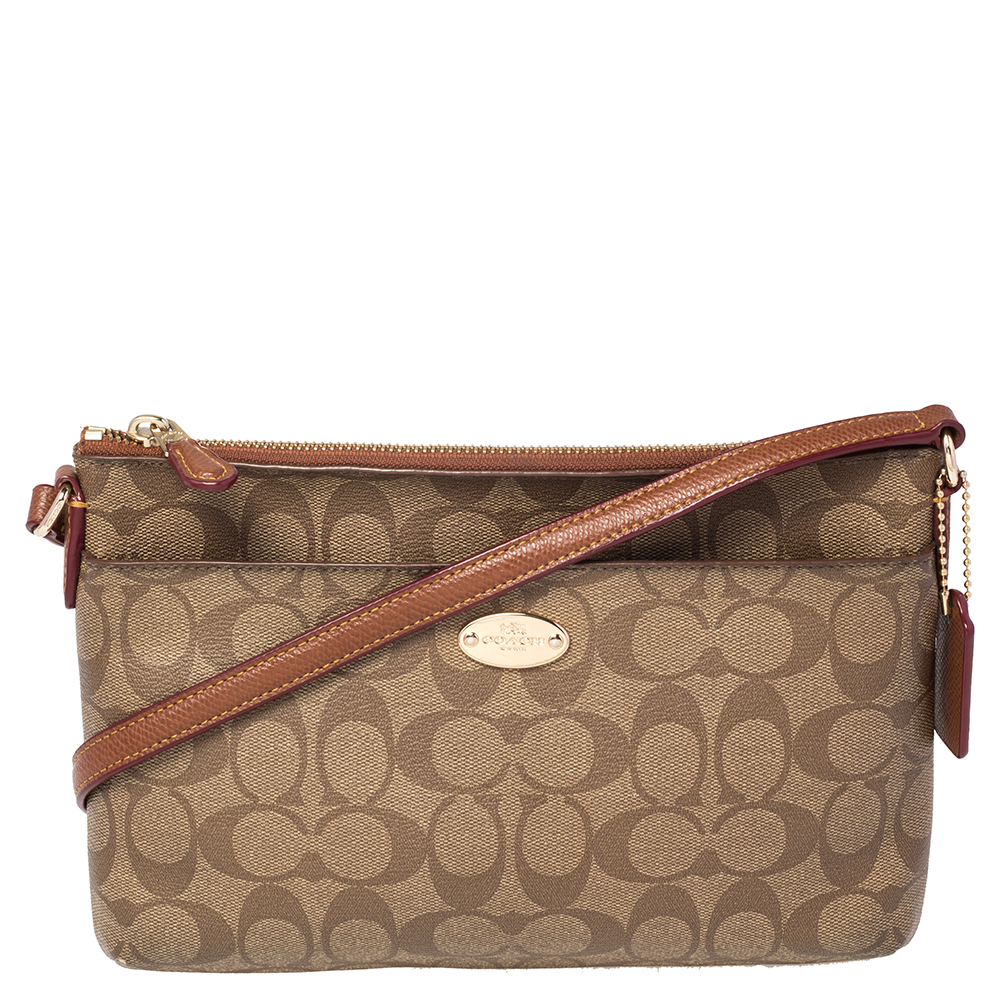Coach Brown Coated Canvas East/West Pop Up Pouch Crossbody Bag