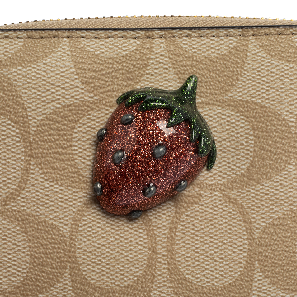 Coach Beige Signature Coated Canvas Strawberry Zip Around Wallet