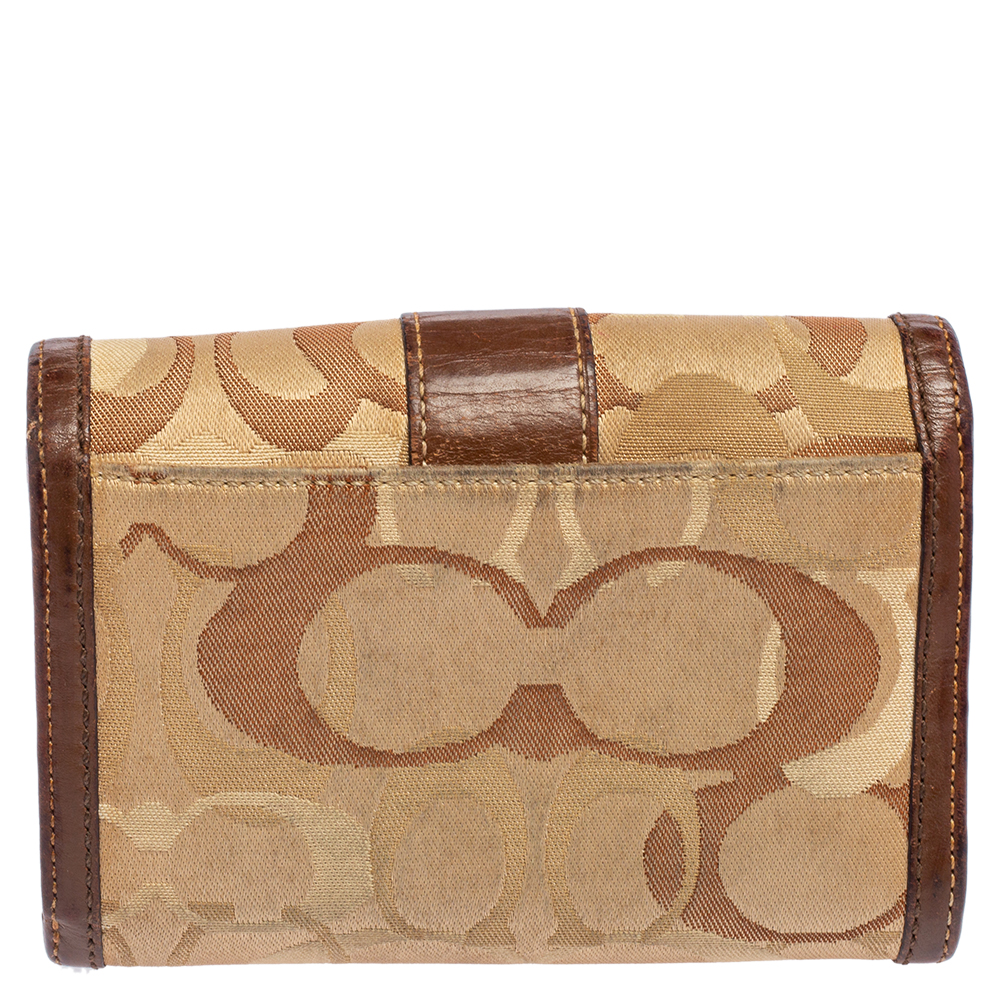 Coach Beige/Brown Signature Canvas And Leather Compact Wallet