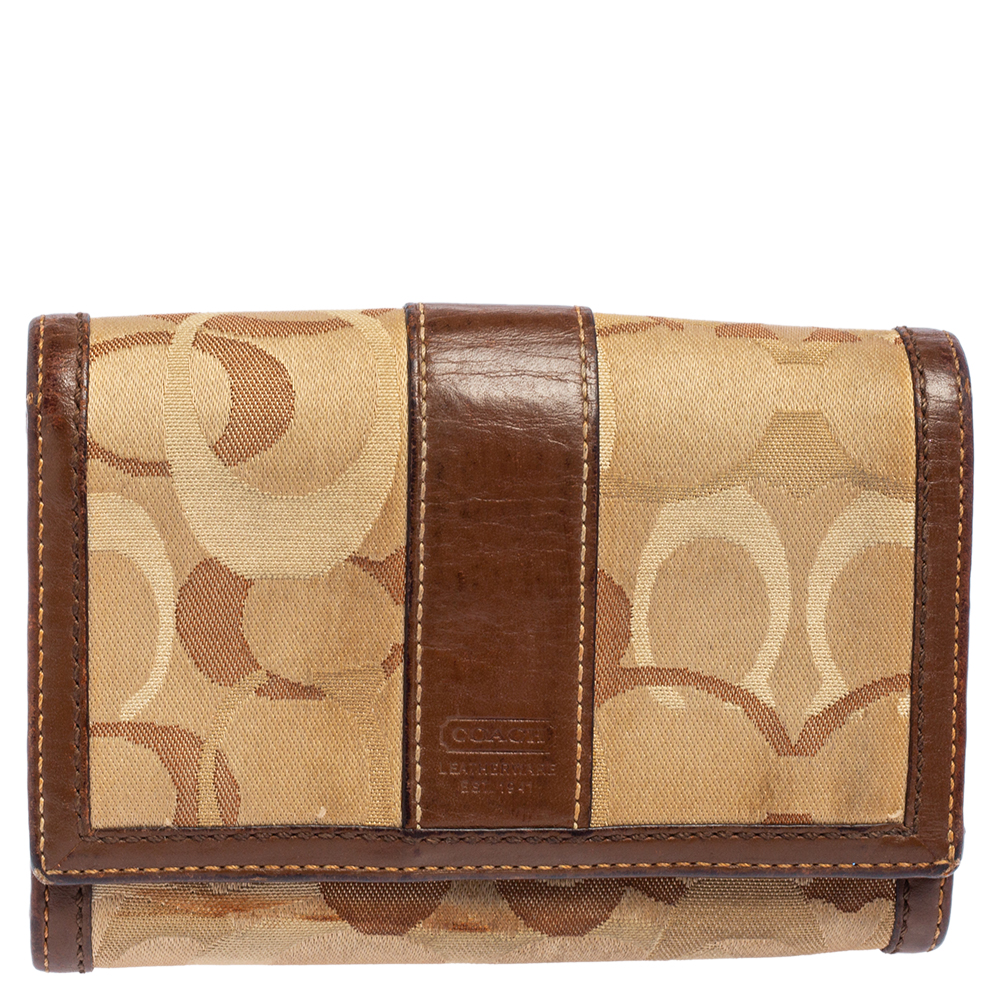 Coach Beige/Brown Signature Canvas And Leather Compact Wallet