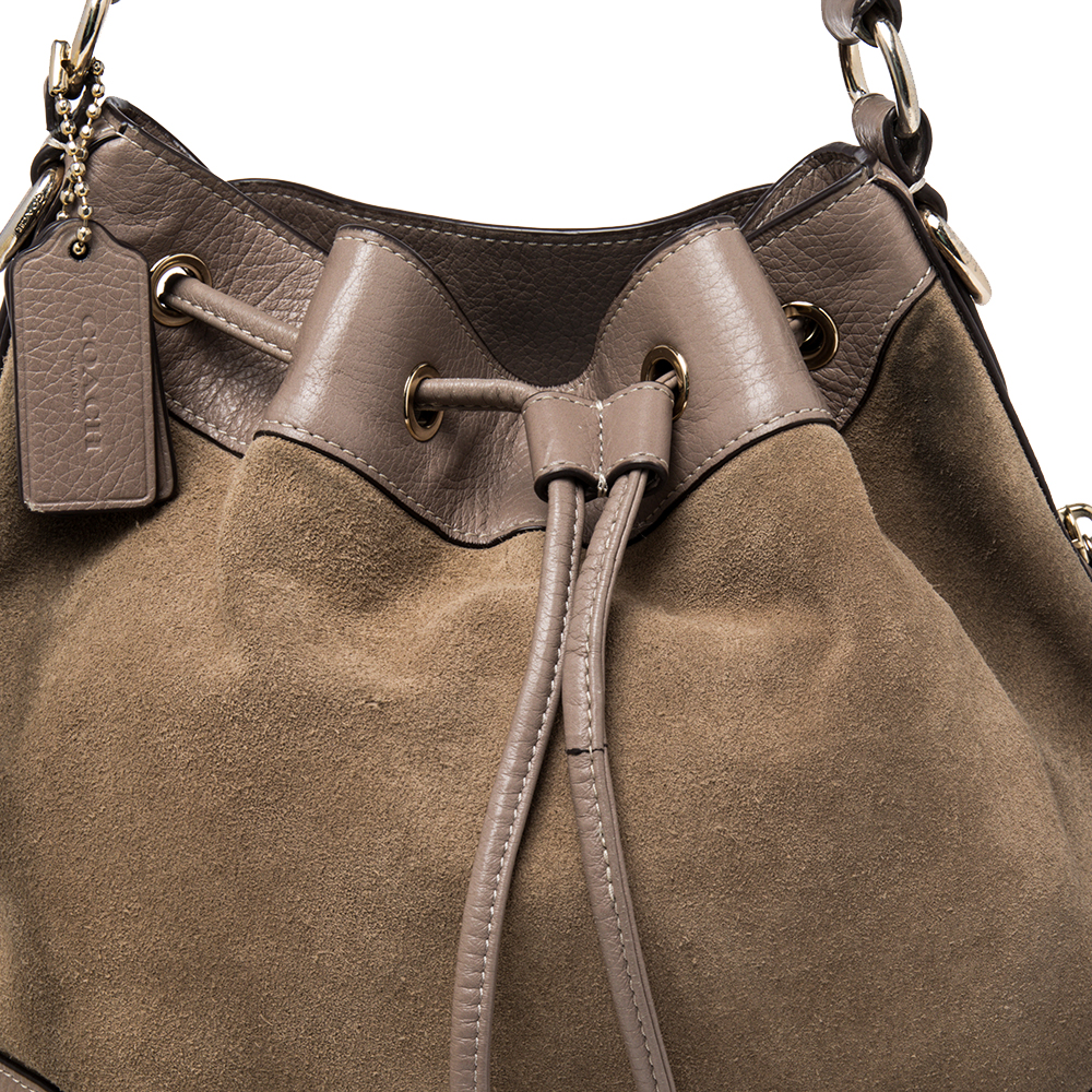 Coach Beige/Taupe Suede And Leather Drawstring Bucket Bag