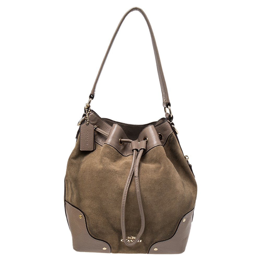 Coach Beige/Taupe Suede And Leather Drawstring Bucket Bag