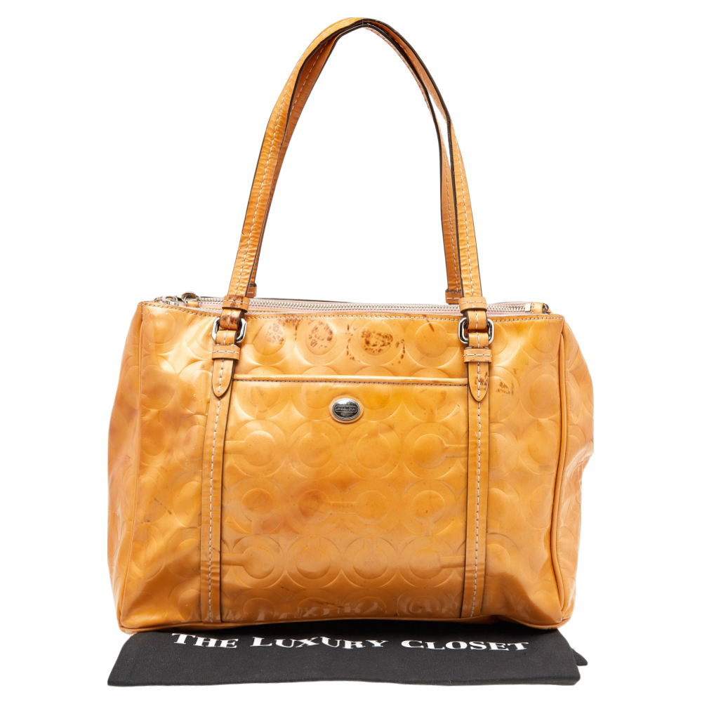 Coach Tan Patent Leather Peyton Op Art Double Zip Satchel