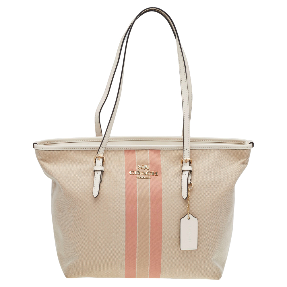 Coach Beige Canvas City Horse And Carriage Zip Tote