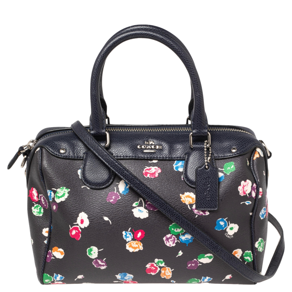 Coach Navy Blue/Black Floral Print Coated Canvas and Leather Mini Bennett Satchel