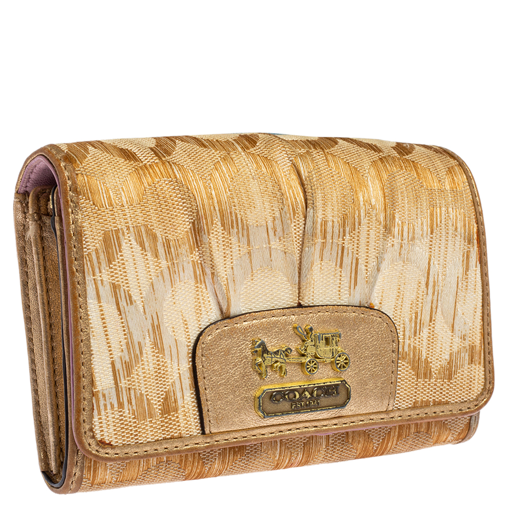 Coach Gold Ombre Signature Op Art Canvas And Leather Compact Wallet