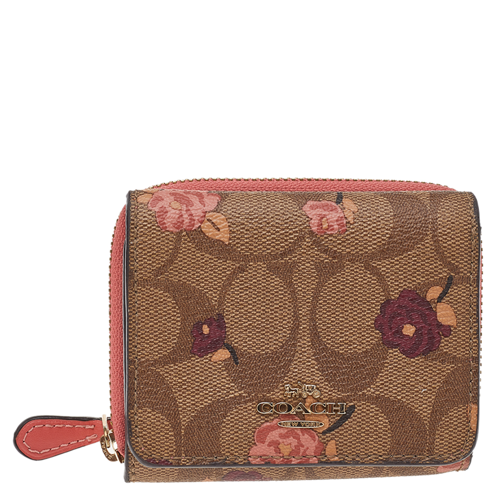 Coach Beige Signature Cooated Canvas Trifold Compact Wallet