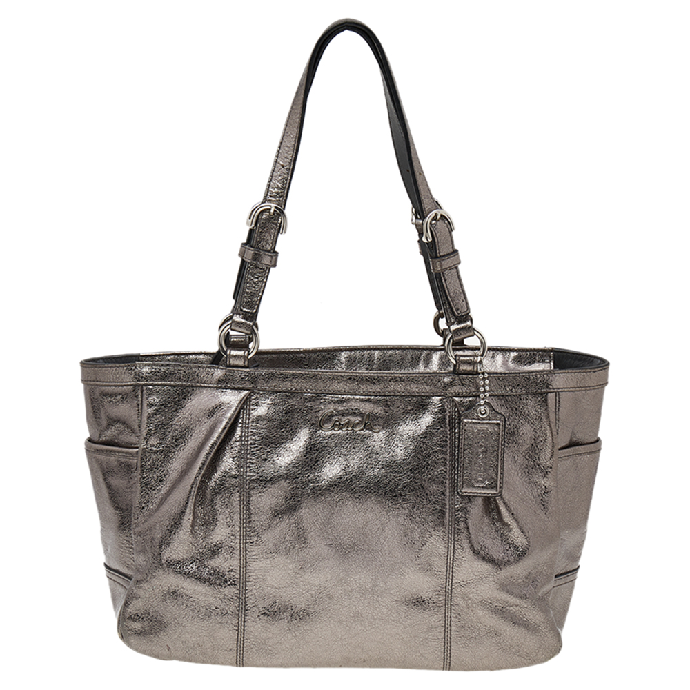 Coach Metallic Sliver Leather Pewter East West Tote