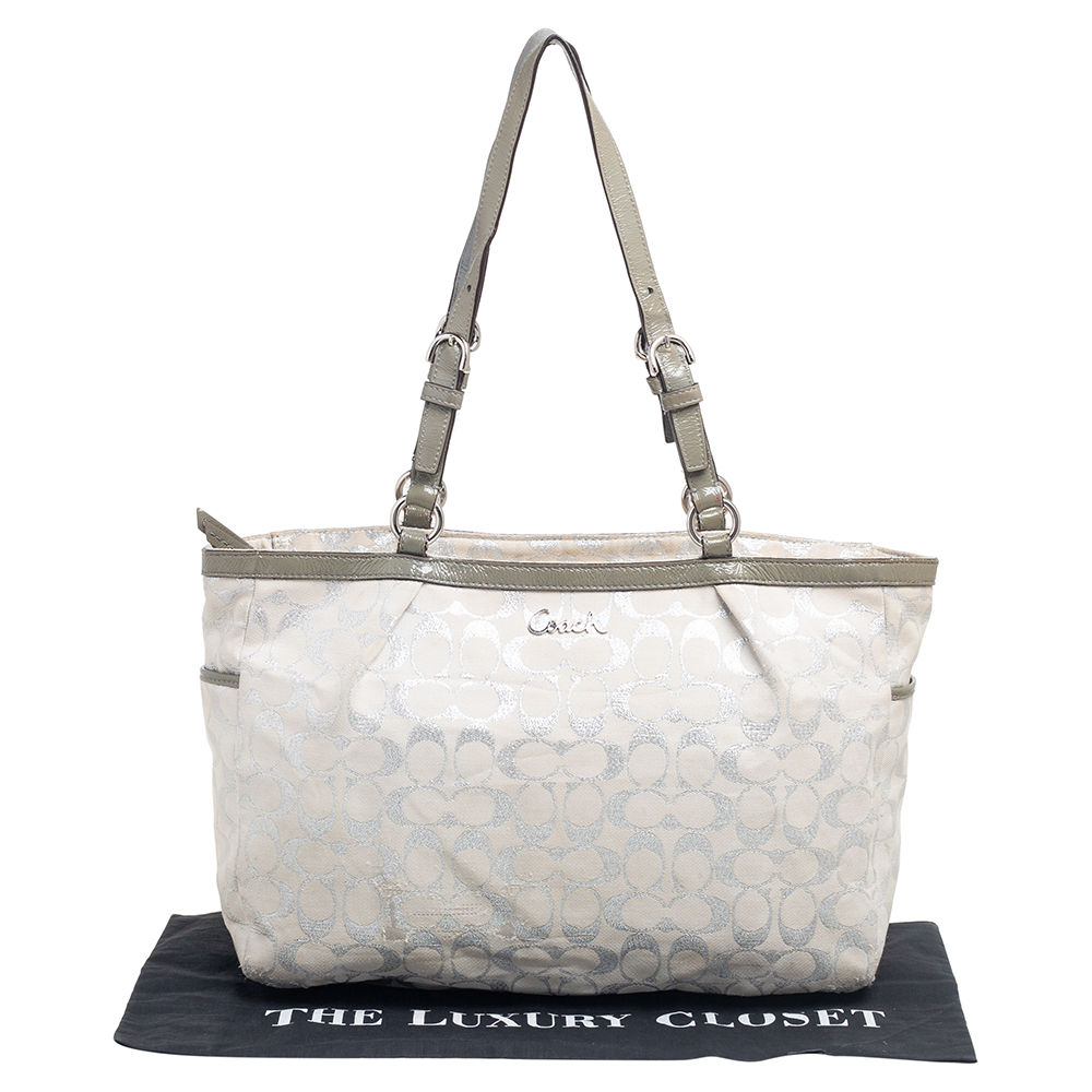 Coach Metallic Grey/Silver Signature Canvas And Patent Leather Tote