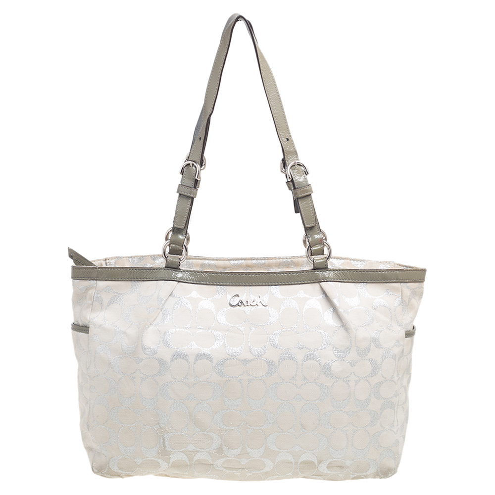 Coach Metallic Grey/Silver Signature Canvas And Patent Leather Tote