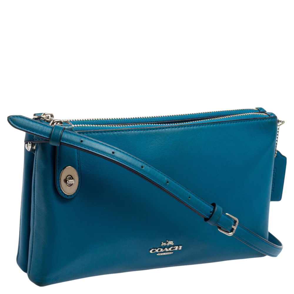 Coach Teal Blue Leather Crosby Double Zip Crossbody Bag