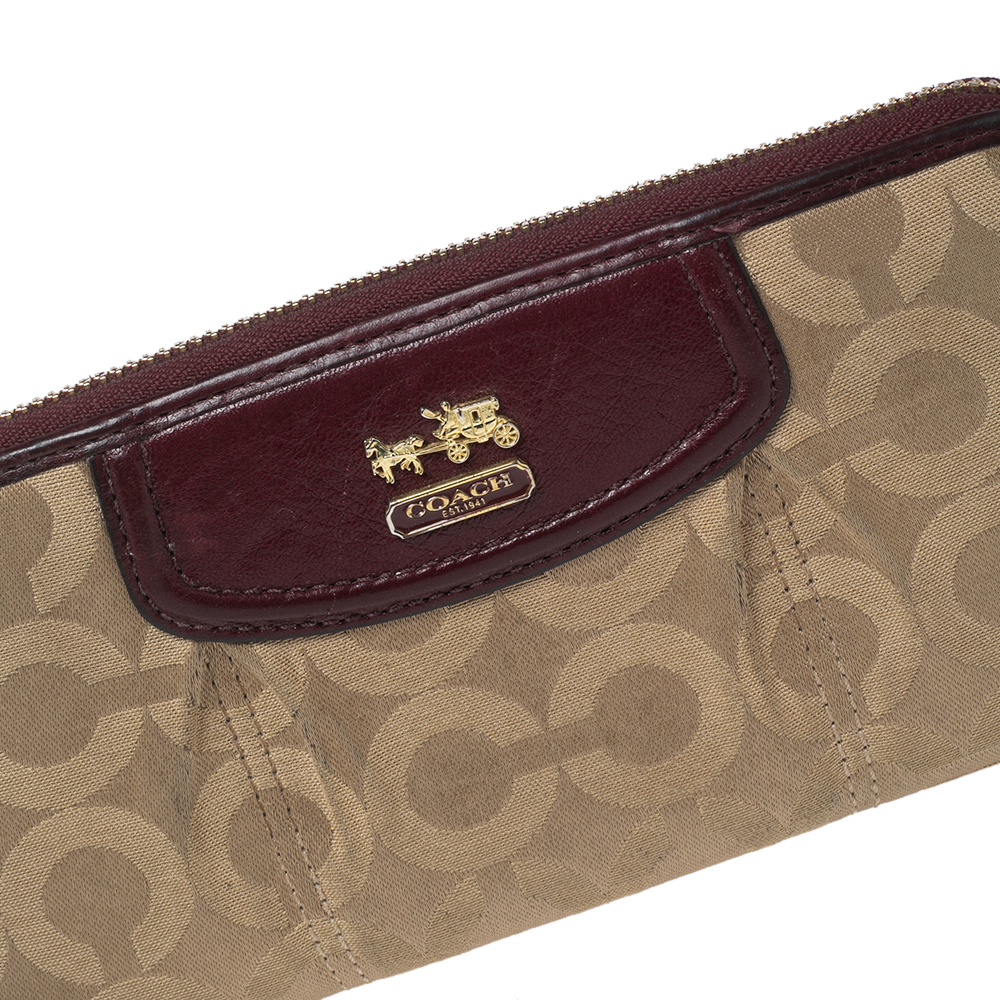 Coach Burgundy/Brown Op Art Fabric And Leather Madison Continental Wallet