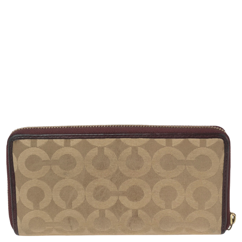 Coach Burgundy/Brown Op Art Fabric And Leather Madison Continental Wallet
