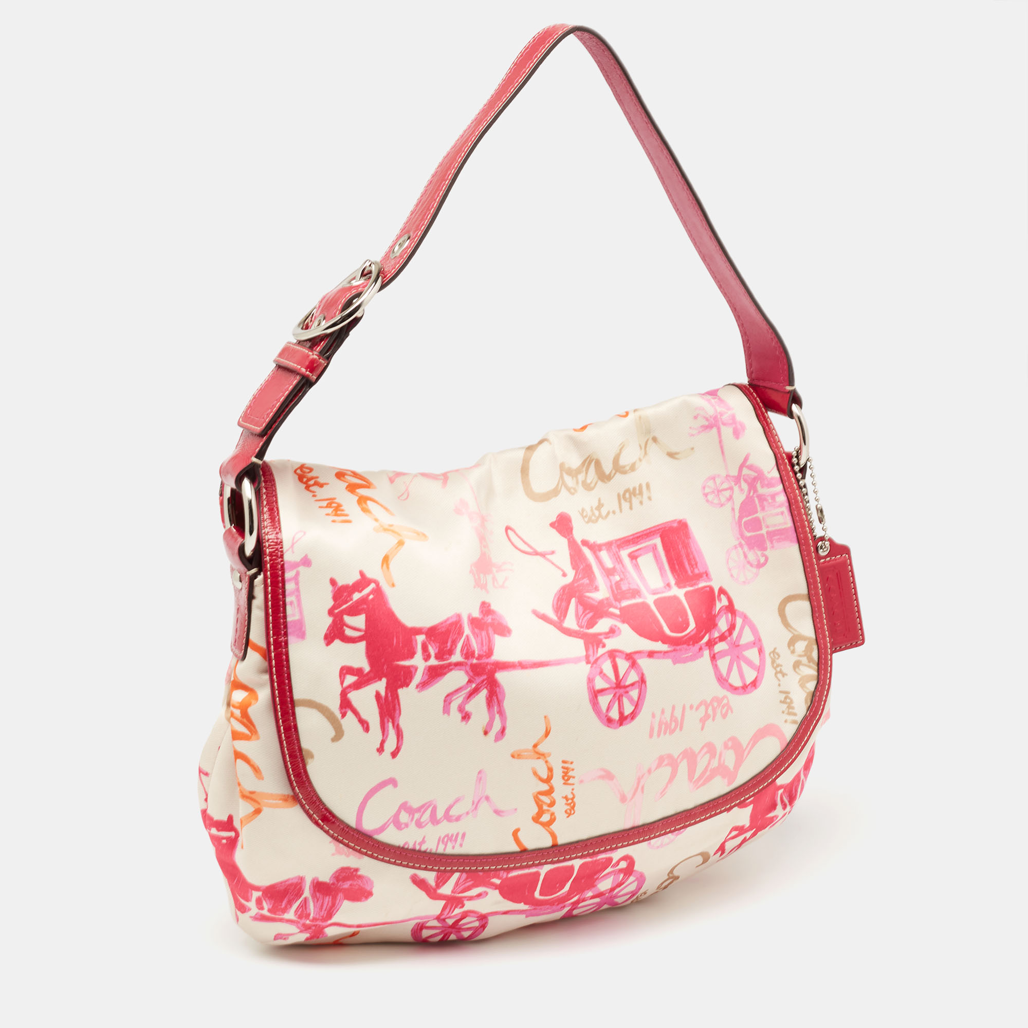 Coach Pink/Cream Carriage Print Fabric And Patent Leather Flap Hobo
