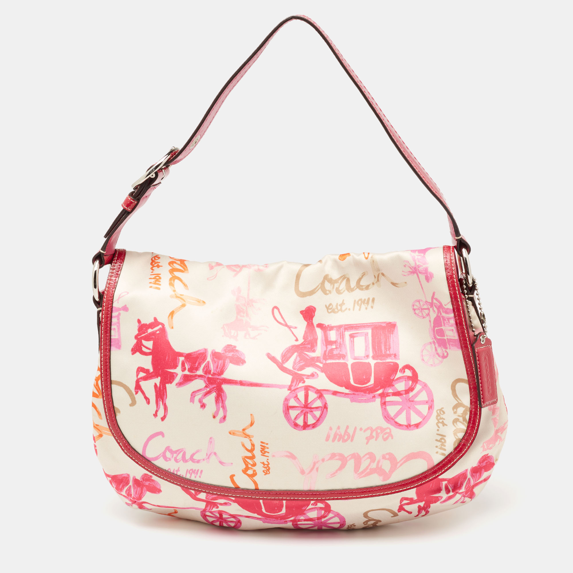Coach Pink/Cream Carriage Print Fabric And Patent Leather Flap Hobo