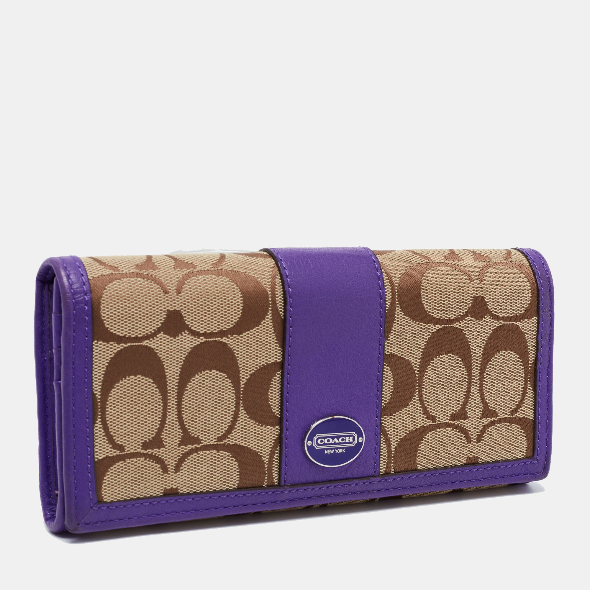 Coach Beige/Purple Signature Canvas And Leather Flap Continental Wallet