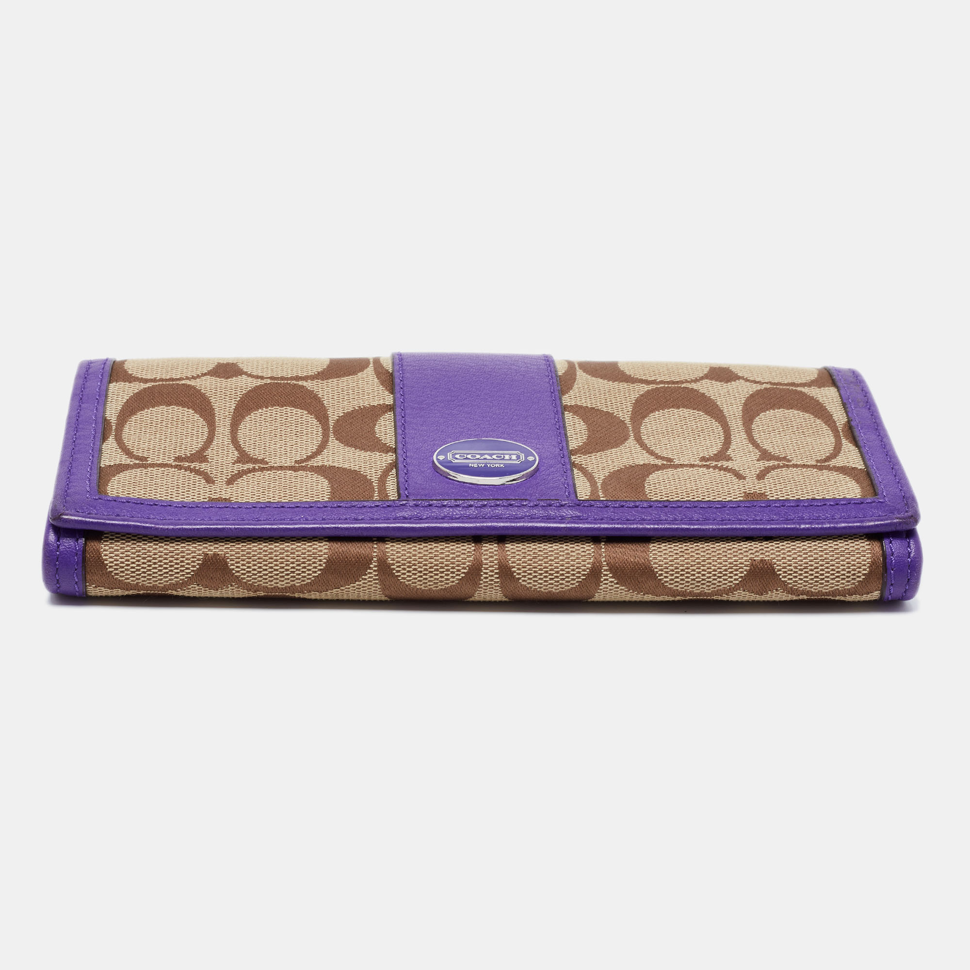 Coach Beige/Purple Signature Canvas And Leather Flap Continental Wallet