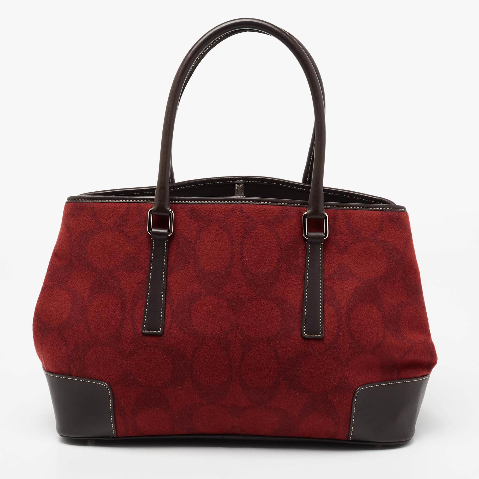Coach Red/Brown Signature Wool And Leather Vintage Tote