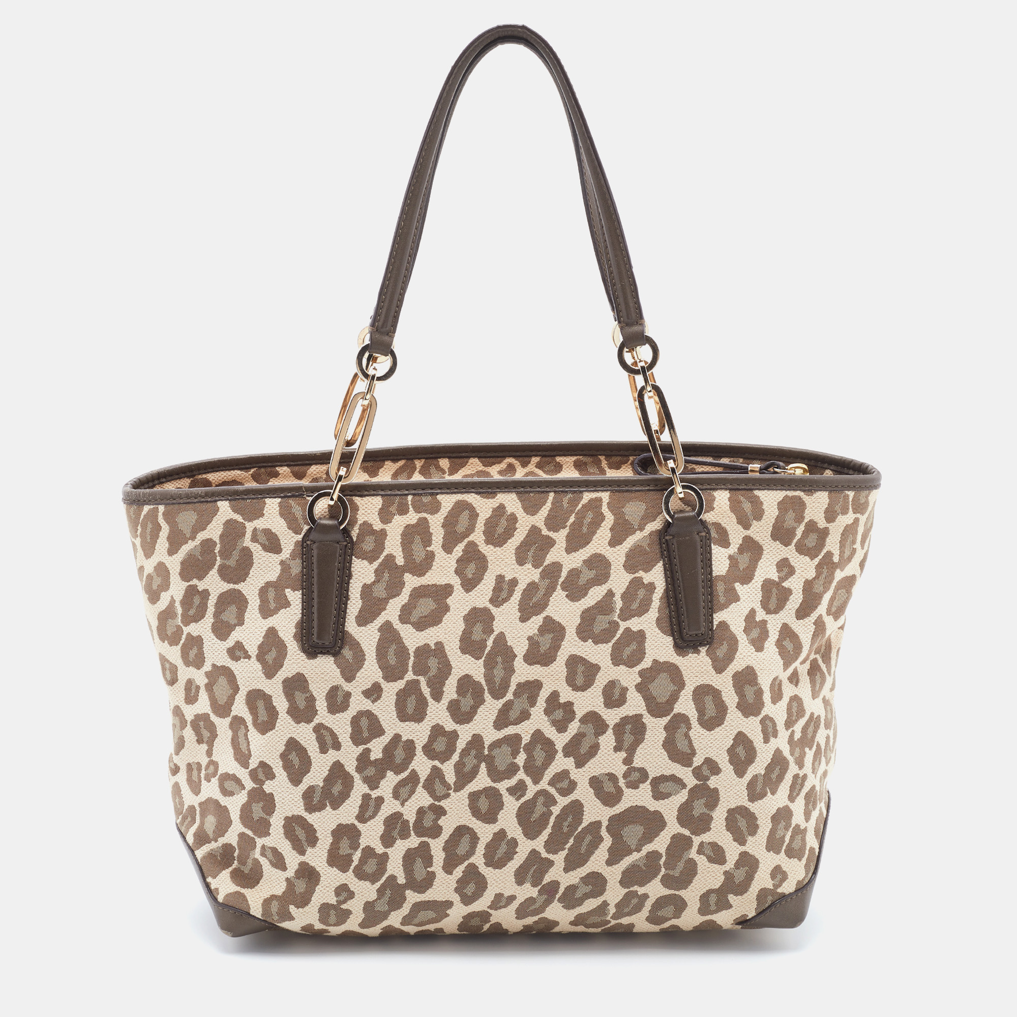 Coach Brown Ocelot Print Jacquard And Leather Madison East/West Tote