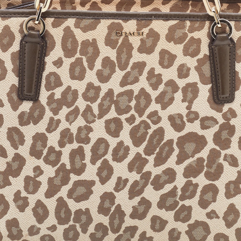 Coach Brown Ocelot Print Jacquard And Leather Madison East/West Tote