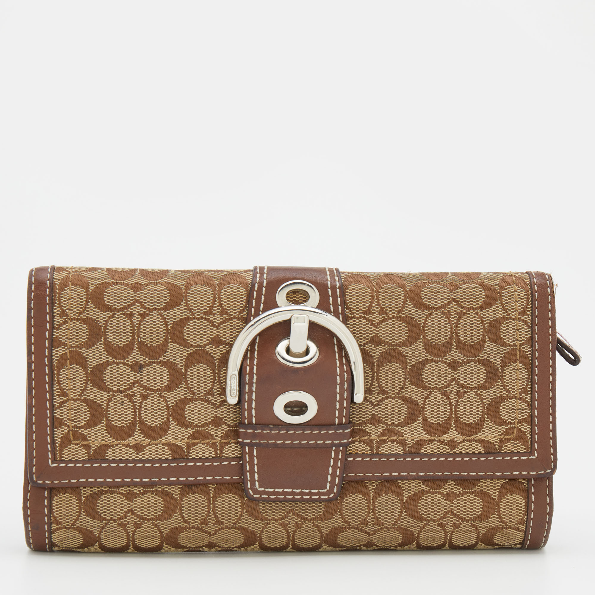 Coach beige/brown signature canvas and leather buckle detail continental wallet