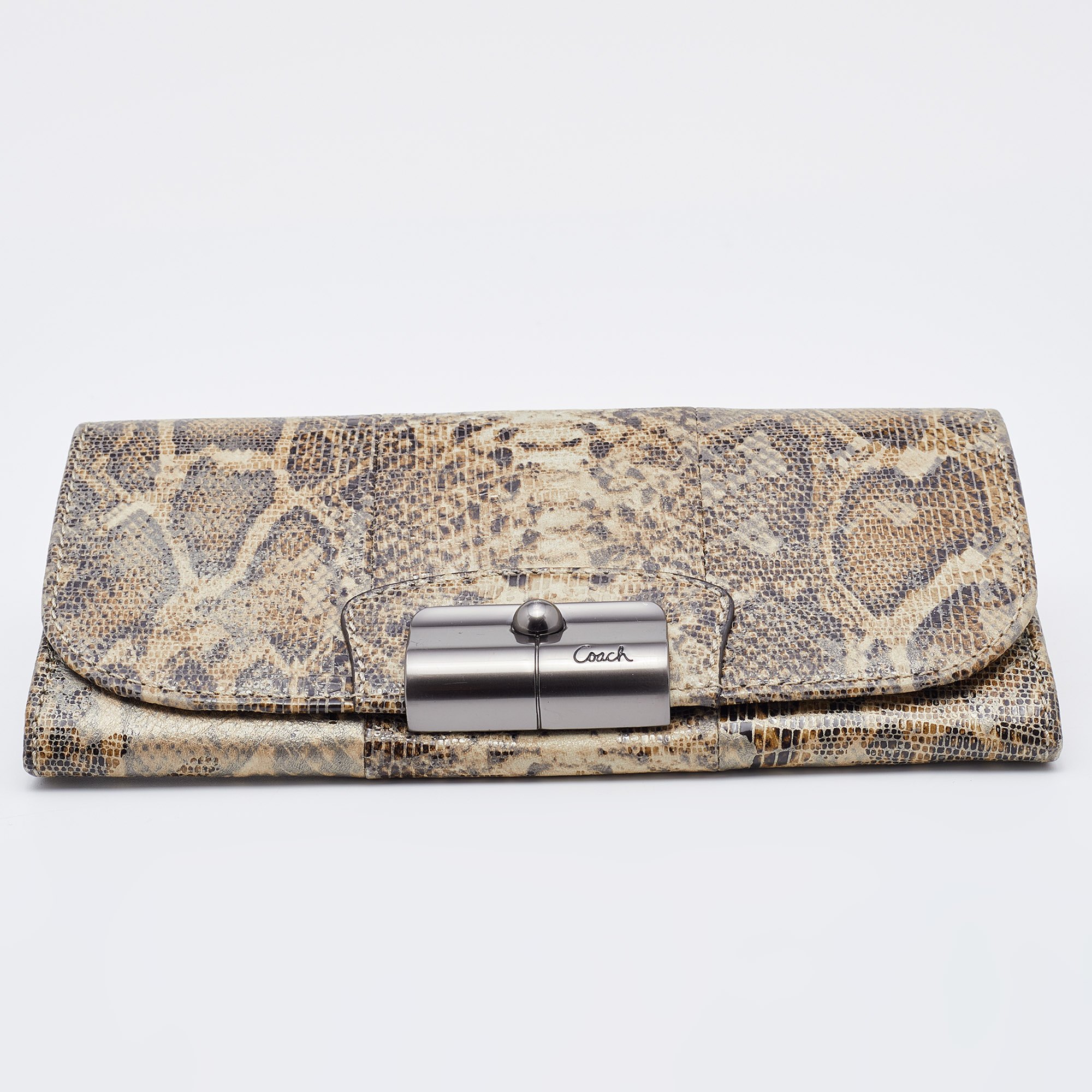 Coach Brown/Beige Python Embossed Leather Flap Continental Wallet