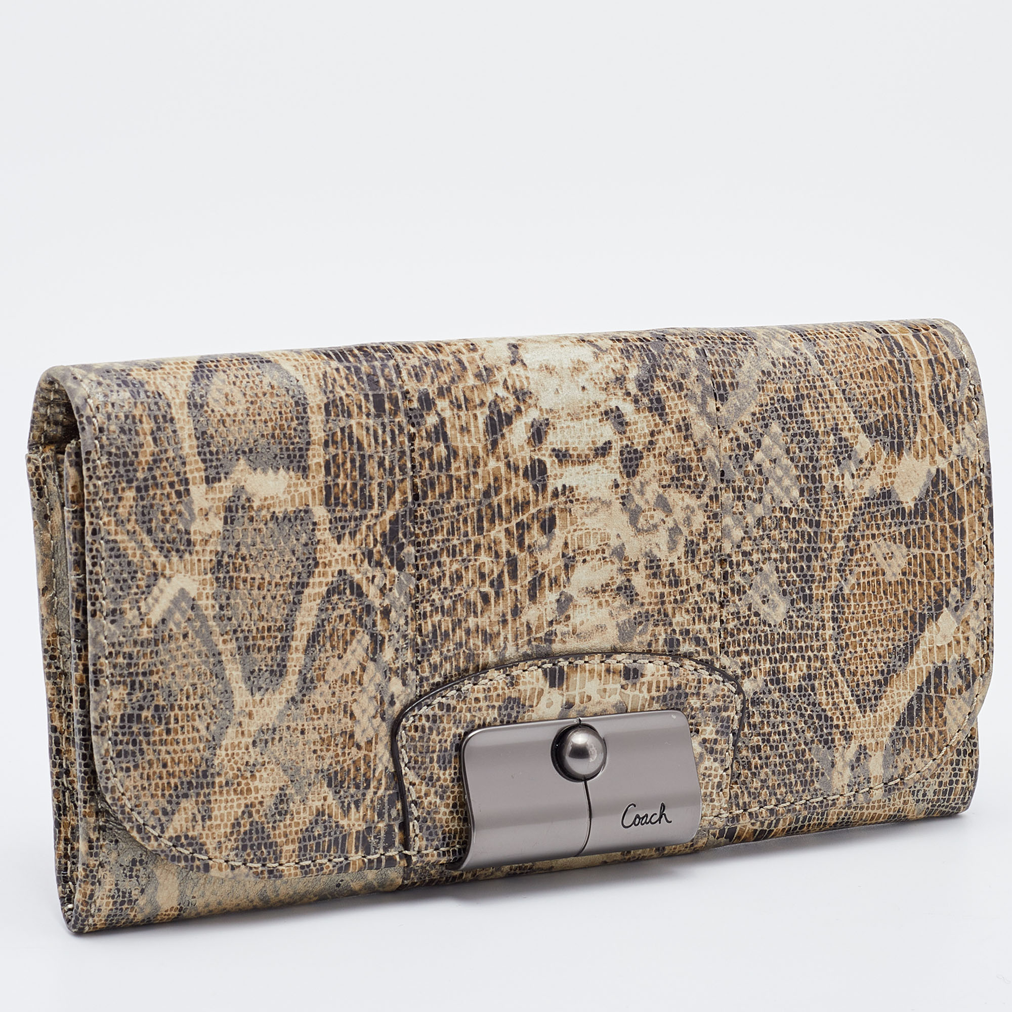 Coach Brown/Beige Python Embossed Leather Flap Continental Wallet