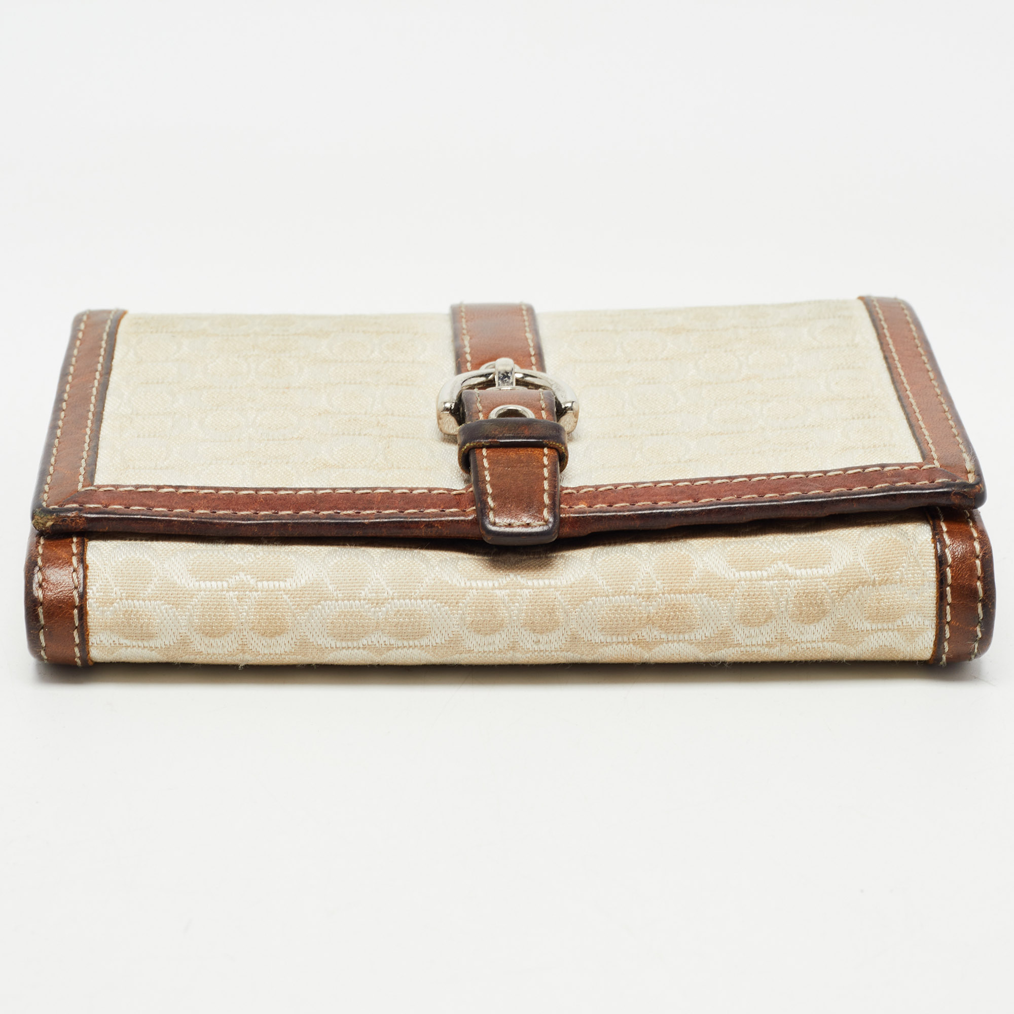 Coach Brown Signature Canvas And Leather Buckle Flap Wallet