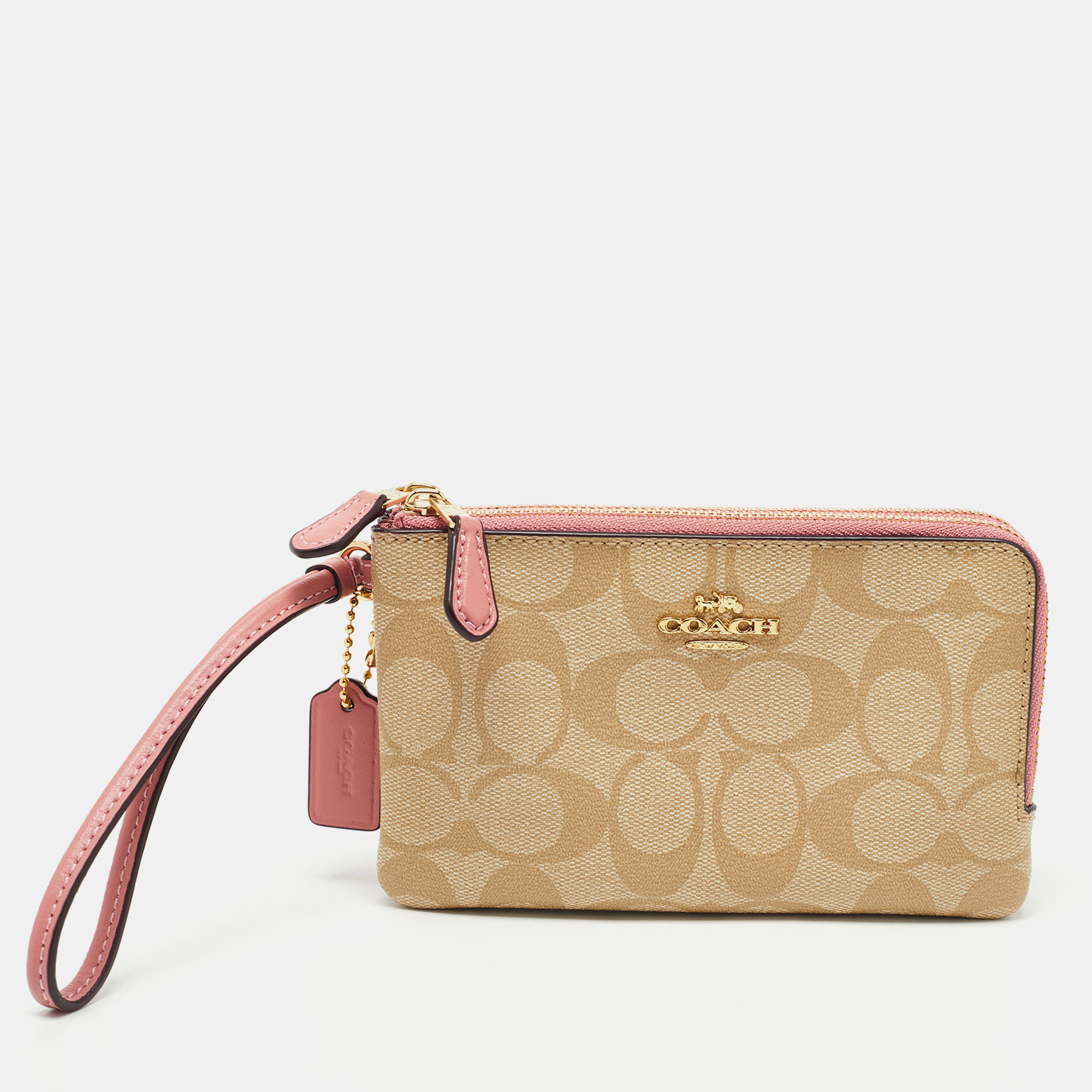 Beige/Pink Signature Coated Canvas And Leather Double Zip Wristlet