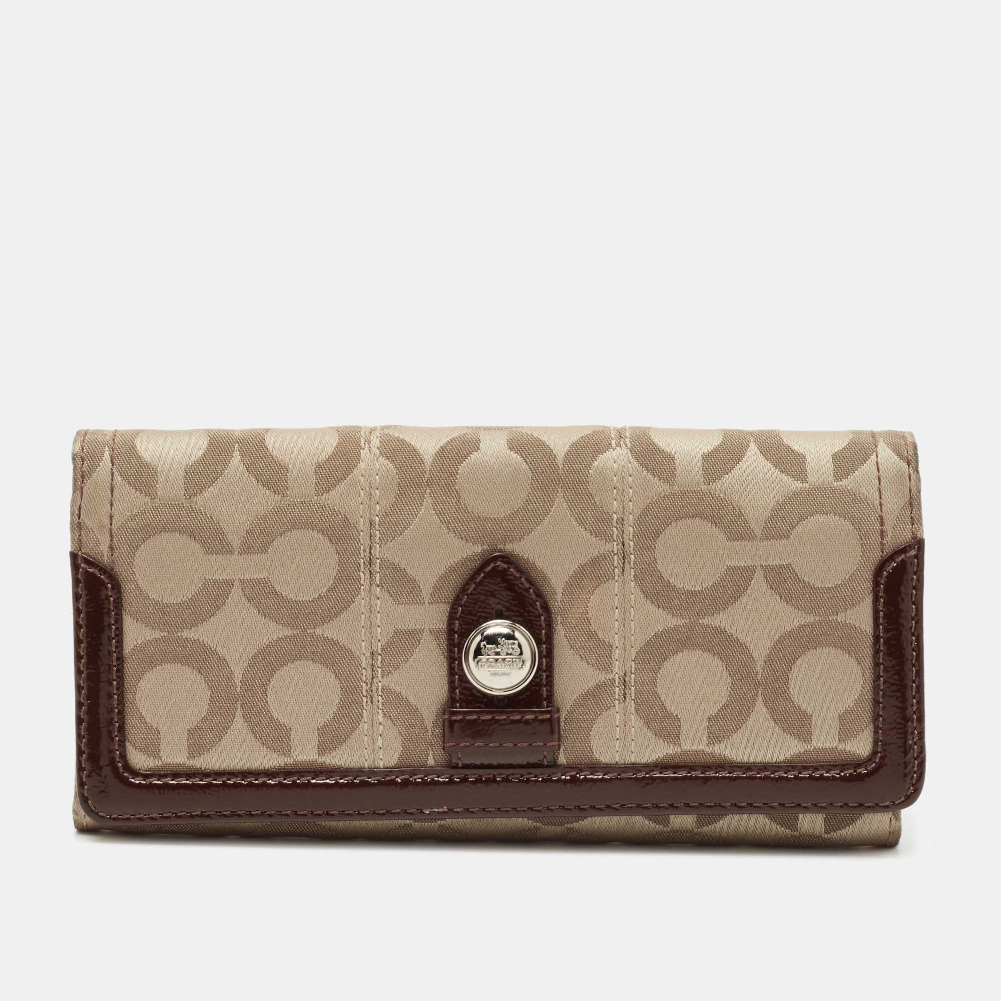 Coach Beige/Brown Signature Canvas And Patent Leather Flap Continental Wallet