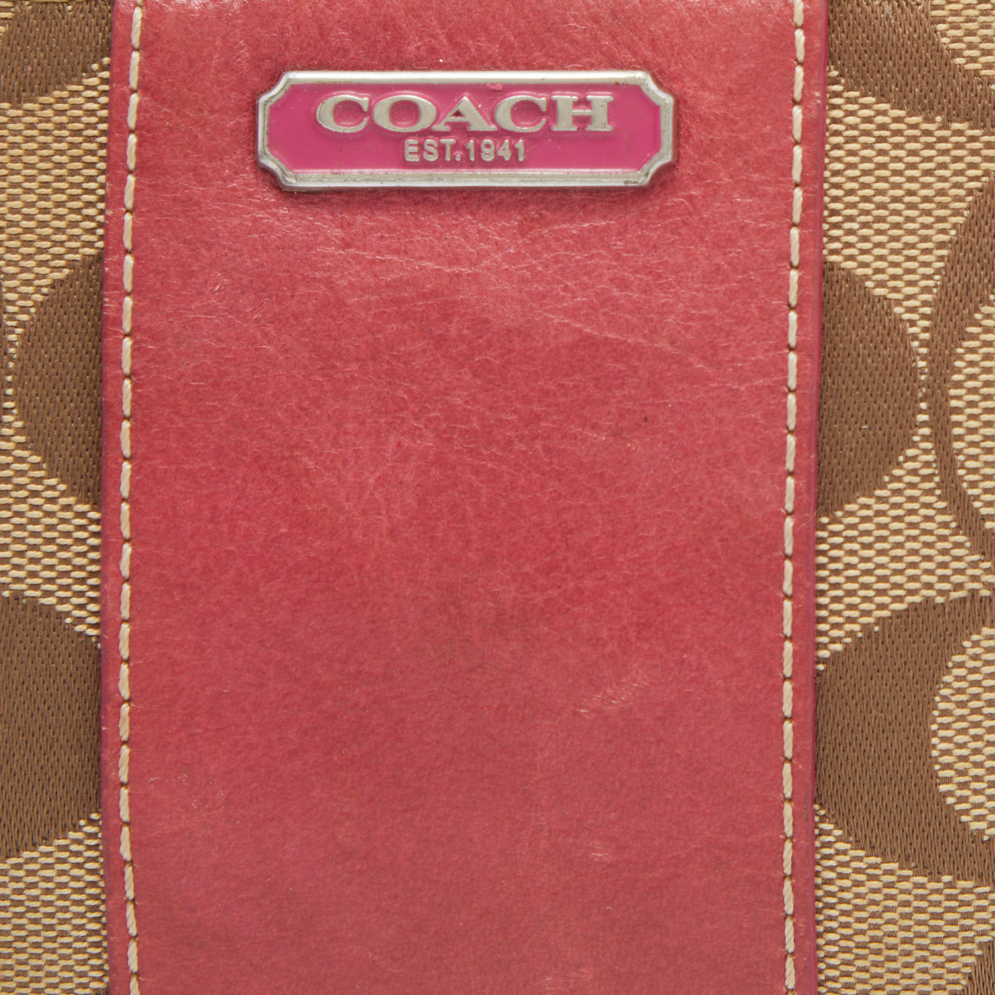 Coach Beige/Pink Signature Canvas And Leather Wristlet Pouch